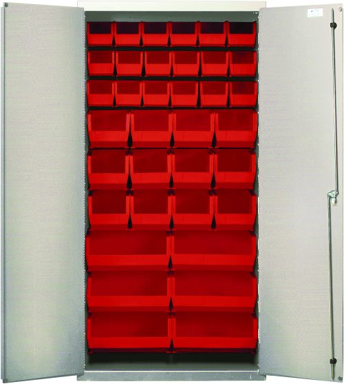 QSC-BG-36-FD_RD.jpg A Quantum Heavy-Duty 36 Bin Cabinet, measuring 36W x 18D x 72H, features a durable 14-gauge all-welded construction and a beige powder-coated finish. The cabinet opens to reveal six shelves with (12) QUS240 and (6) QUS250 red bins, offering organized efficiency against a white backdrop.