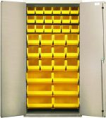 The Quantum Heavy-Duty 36 Bin Cabinet, with all welded construction and a beige powder-coated finish, features a grid of yellow bins including (18) QUS230, (12) QUS240, and (6) QUS250 bins for organized storage when the doors open.