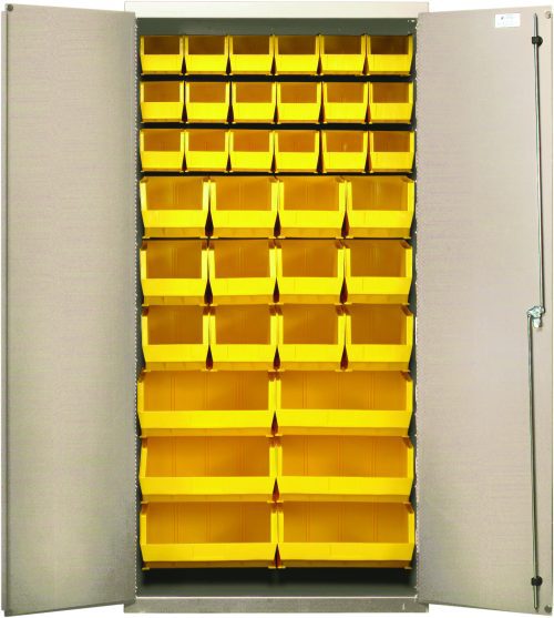 QSC-BG-36-FD_YL.jpg The Quantum Heavy-Duty 36 Bin Cabinet, with all welded construction and a beige powder-coated finish, features a grid of yellow bins including (18) QUS230, (12) QUS240, and (6) QUS250 bins for organized storage when the doors open.