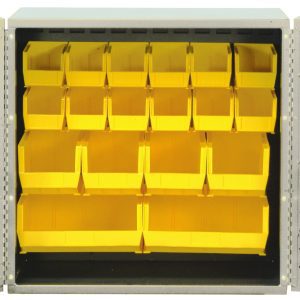 A 36 Quantum Heavy-Duty Bin Cabinet with 14 gauge all welded construction and a beige powder-coated finish is shown against a white background. Its open doors display rows of (12) QUS230 yellow bins alongside others, neatly organized in the metal structure.