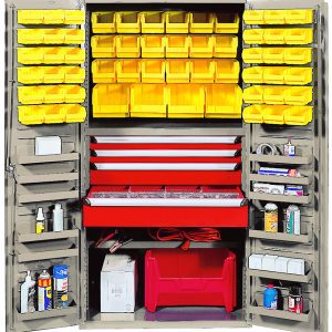 The Quantum Heavy-Duty 36 Bin Cabinet features open doors displaying yellow bins and red drawers, with a robust 14-gauge welded build. It has one adjustable shelf and provides ample space for spray cans, bottles, tools, and supplies. The cabinet is beige powder-coated for durability.