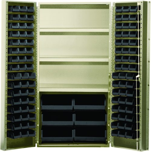 The Quantum Heavy-Duty Bin Cabinet is 36W x 24D x 72H, offering a durable 14-gauge all-welded construction and beige powder-coated finish. With a capacity of 800 lbs per shelf, it includes (3) adjustable shelves, (16) QUS232 bins, (16) QUS236 bins, and (6) QUS250 black bins for customizable storage.