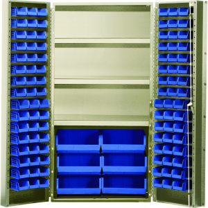 The Quantum Heavy-Duty 36 Bin Cabinet has a sturdy 14-gauge welded construction with a capacity of 800 lbs. per shelf and measures 36W x 24D x 72H. It includes three adjustable shelves and multiple blue bins: (16) QUS232, (16) QUS236, and (6) QUS250, all with a beige powder-coated finish.