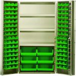 The Quantum Heavy-Duty 36 Bin Cabinet, with dimensions 36W x 24D x 72H, offers a robust capacity of up to 800 lbs per shelf and features a beige powder-coated finish. It includes three adjustable shelves and an assortment of green bins: (16) Qus232, (16) Qus236, and (6) Qus250.