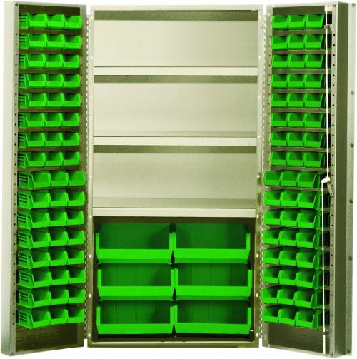 The Quantum Heavy-Duty 36 Bin Cabinet, with dimensions 36W x 24D x 72H, offers a robust capacity of up to 800 lbs per shelf and features a beige powder-coated finish. It includes three adjustable shelves and an assortment of green bins: (16) Qus232, (16) Qus236, and (6) Qus250.