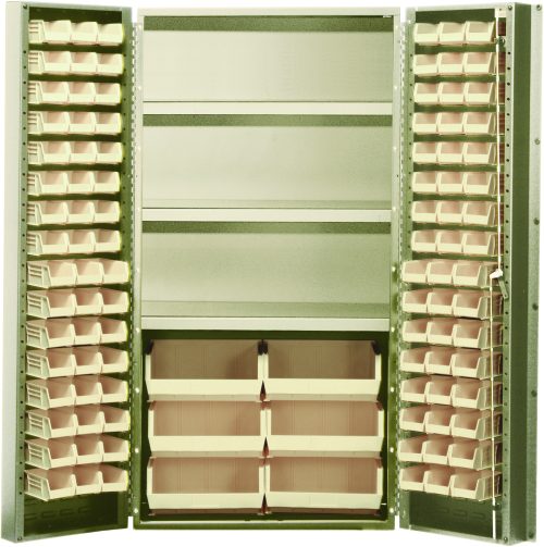 QSC-BG-36S_IV.jpg The Quantum Heavy-Duty 36 Bin Cabinet features a beige powder-coated finish and an industrial design with three adjustable shelves. It includes 16 QUS232, 16 QUS236, and 6 QUS250 ivory bins, all housed within its robust 14-gauge all-welded construction with an interior shelf capacity of 800 lbs.