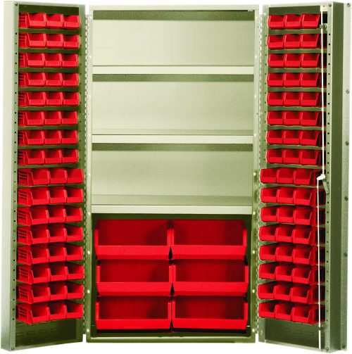 QSC-BG-36S_RD.jpg The Quantum Heavy-Duty 36 Bin Cabinet, with dimensions 36W x 24D x 72H and a beige powder-coated finish, features open doors revealing QUS232, QUS236, and QUS250 red bins on adjustable shelves for small parts or tools. Its all-welded construction supports up to 800 lbs per shelf.