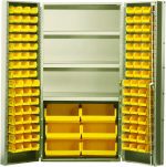 The Quantum Heavy-Duty 36 Bin Cabinet offers robust storage with a beige powder-coated finish, featuring three adjustable shelves and 38 yellow bins (16 QUS232, 16 QUS236, and 6 QUS250) within its all-welded 14 gauge metal frame.