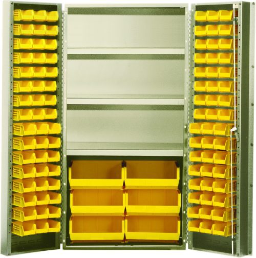 QSC-BG-36S_YL.jpg The Quantum Heavy-Duty 36 Bin Cabinet offers robust storage with a beige powder-coated finish, featuring three adjustable shelves and 38 yellow bins (16 QUS232, 16 QUS236, and 6 QUS250) within its all-welded 14 gauge metal frame.