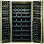 The Quantum Heavy-Duty 36 Bin Cabinet, 36W x 24D x 72H, boasts an all-welded construction and a beige powder-coated finish. It contains (48) QUS210, (48) QUS220, (18) QUS230, (12) QUS240, and (6) QUS250 black bins for efficient organization.