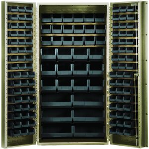 The Quantum Heavy-Duty 36 Bin Cabinet, 36W x 24D x 72H, boasts an all-welded construction and a beige powder-coated finish. It contains (48) QUS210, (48) QUS220, (18) QUS230, (12) QUS240, and (6) QUS250 black bins for efficient organization.