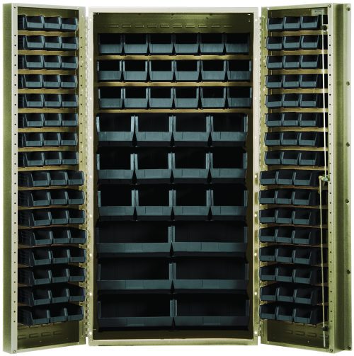 The Quantum Heavy-Duty 36 Bin Cabinet, 36W x 24D x 72H, boasts an all-welded construction and a beige powder-coated finish. It contains (48) QUS210, (48) QUS220, (18) QUS230, (12) QUS240, and (6) QUS250 black bins for efficient organization.