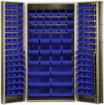 The Quantum Heavy-Duty Bin Cabinet, measuring 36W x 24D x 72H, includes (48) QUS210, (48) QUS220, (18) QUS230, (12) QUS240, and (6) QUS250 blue bins. Its sturdy 14-gauge welded construction and adjustable shelves offer efficient storage solutions. The cabinet features a beige powder-coated finish.