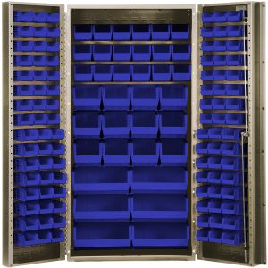 The Quantum Heavy-Duty Bin Cabinet, measuring 36W x 24D x 72H, includes (48) QUS210, (48) QUS220, (18) QUS230, (12) QUS240, and (6) QUS250 blue bins. Its sturdy 14-gauge welded construction and adjustable shelves offer efficient storage solutions. The cabinet features a beige powder-coated finish.