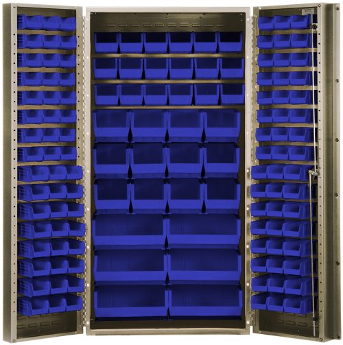 The Quantum Heavy-Duty Bin Cabinet, measuring 36W x 24D x 72H, includes (48) QUS210, (48) QUS220, (18) QUS230, (12) QUS240, and (6) QUS250 blue bins. Its sturdy 14-gauge welded construction and adjustable shelves offer efficient storage solutions. The cabinet features a beige powder-coated finish.
