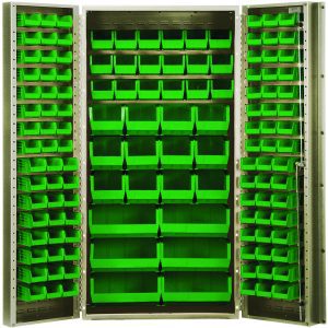 The Quantum Heavy-Duty 36 Bin Cabinet, measuring 36W x 24D x 72H, features a beige powder-coated finish and all-welded construction. With open doors and green bins, including (18) QUS230, it offers organized storage for small parts or tools on its shelves and doors.