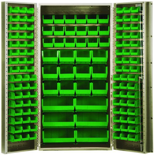 The Quantum Heavy-Duty 36 Bin Cabinet, measuring 36W x 24D x 72H, features a beige powder-coated finish and all-welded construction. With open doors and green bins, including (18) QUS230, it offers organized storage for small parts or tools on its shelves and doors.