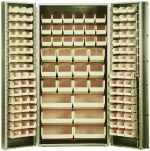 The Quantum Heavy-Duty 36 Bin Cabinet, measuring 36W x 24D x 72H, features a 14-gauge all-welded construction with a beige powder-coated finish. It includes (16) QUS232 bins and can also hold up to (16) QUS236 models alongside other ivory bins for versatile storage solutions.