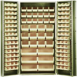 The Quantum Heavy-Duty 36 Bin Cabinet, measuring 36W x 24D x 72H, features a 14-gauge all-welded construction with a beige powder-coated finish. It includes (16) QUS232 bins and can also hold up to (16) QUS236 models alongside other ivory bins for versatile storage solutions.