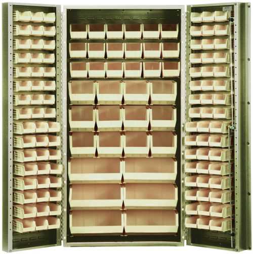 The Quantum Heavy-Duty 36 Bin Cabinet, measuring 36W x 24D x 72H, features a 14-gauge all-welded construction with a beige powder-coated finish. It includes (16) QUS232 bins and can also hold up to (16) QUS236 models alongside other ivory bins for versatile storage solutions.