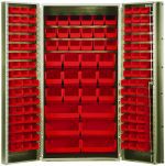 A 36 Quantum heavy-duty bin cabinet with open doors reveals rows of assorted red bins, including 18 QUS230 models. Constructed from 14 gauge all-welded metal, the cabinet is organized into neat columns and features a robust beige powder-coated finish for durability.