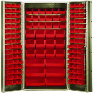 A 36 Quantum heavy-duty bin cabinet with open doors reveals rows of assorted red bins, including 18 QUS230 models. Constructed from 14 gauge all-welded metal, the cabinet is organized into neat columns and features a robust beige powder-coated finish for durability.