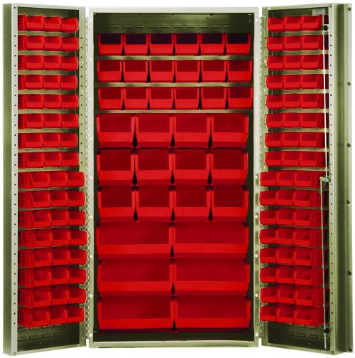 A 36 Quantum heavy-duty bin cabinet with open doors reveals rows of assorted red bins, including 18 QUS230 models. Constructed from 14 gauge all-welded metal, the cabinet is organized into neat columns and features a robust beige powder-coated finish for durability.