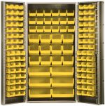 The Quantum Heavy-Duty 36 Bin Cabinet, 36W x 24D x 72H, features a beige powder-coated finish and opens to reveal shelves stocked with yellow bins: (16) QUS232, (16) QUS236, (18) QUS230, (12) QUS240, and (6) QUS250 for efficient tool or part organization.