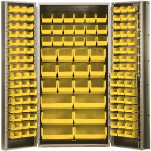 The Quantum Heavy-Duty 36 Bin Cabinet, 36W x 24D x 72H, features a beige powder-coated finish and opens to reveal shelves stocked with yellow bins: (16) QUS232, (16) QUS236, (18) QUS230, (12) QUS240, and (6) QUS250 for efficient tool or part organization.