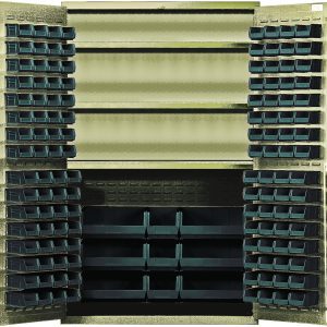 The Quantum Heavy-Duty 48W x 24D x 78H Bin Cabinet in beige features open doors, three adjustable shelves supporting up to 400 lbs each, and includes a total of 64 QUS210 bins, along with QUS220, QUS240, and QUS250 black bins for efficient item organization.