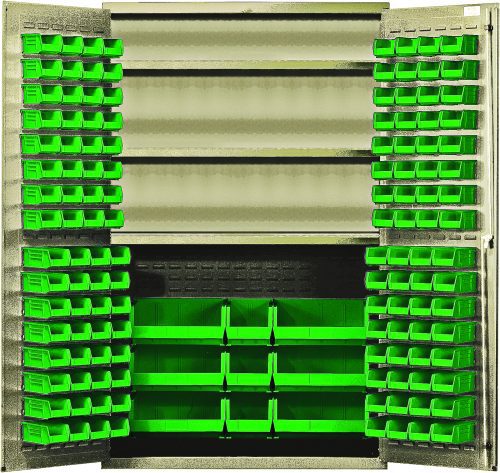 The Quantum Heavy-Duty 48 Bin Cabinet, featuring three adjustable shelves and a robust 14-gauge welded design, holds (64) QUS210, (64) QUS220, (3) QUS240, and (6) QUS250 green bins for organized storage. Each shelf supports up to 400 lbs., while the beige finish complements its sturdy construction.