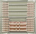 Introducing the Quantum Heavy-Duty 48 Bin Cabinet, featuring all-welded 14-gauge construction with adjustable shelves and ivory bins. This beige powder-coated unit holds up to 400 lb. per shelf, offering a durable and organized storage solution.
