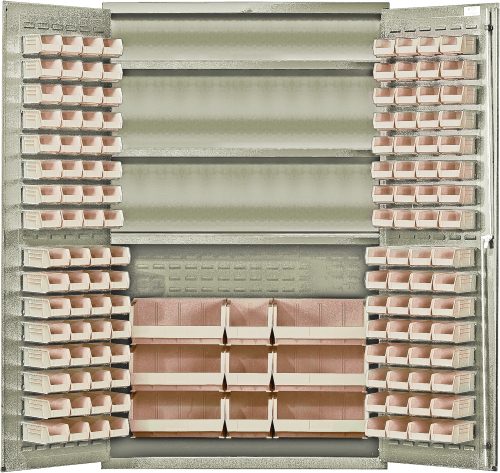 Introducing the Quantum Heavy-Duty 48 Bin Cabinet, featuring all-welded 14-gauge construction with adjustable shelves and ivory bins. This beige powder-coated unit holds up to 400 lb. per shelf, offering a durable and organized storage solution.