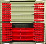 The Quantum Heavy-Duty 48 Bin Cabinet, with dimensions of 48W x 24D x 78H, offers robust storage for your workspace with a capacity of 400 lbs per interior shelf. It includes three adjustable shelves and a variety of red bins, perfect for tool organization. The cabinet boasts a durable beige powder-coated finish.