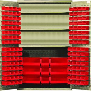 The Quantum Heavy-Duty 48 Bin Cabinet, with dimensions of 48W x 24D x 78H, offers robust storage for your workspace with a capacity of 400 lbs per interior shelf. It includes three adjustable shelves and a variety of red bins, perfect for tool organization. The cabinet boasts a durable beige powder-coated finish.