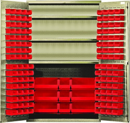 QSC-BG-48S_RD.jpg The Quantum Heavy-Duty 48 Bin Cabinet, with dimensions of 48W x 24D x 78H, offers robust storage for your workspace with a capacity of 400 lbs per interior shelf. It includes three adjustable shelves and a variety of red bins, perfect for tool organization. The cabinet boasts a durable beige powder-coated finish.