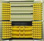 The Quantum Heavy-Duty 48 Bin Cabinet, measuring 48W x 24D x 78H, boasts three adjustable shelves with a robust 400 lb. capacity each. Crafted from 14-gauge welded construction in a beige powder-coated finish, it includes assorted yellow bins for efficient small item organization.