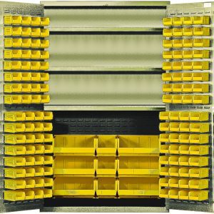 The Quantum Heavy-Duty 48 Bin Cabinet, measuring 48W x 24D x 78H, boasts three adjustable shelves with a robust 400 lb. capacity each. Crafted from 14-gauge welded construction in a beige powder-coated finish, it includes assorted yellow bins for efficient small item organization.
