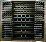 The Quantum Heavy-Duty 48 Bin Cabinet, measuring 48W x 24D x 78H, features a robust 14-gauge all-welded construction and a beige powder-coated finish. It includes black bins: 64 QUS210, 64 QUS220, 24 QUS230, 13 QUS240, and 6 QUS250 for an organized storage area.
