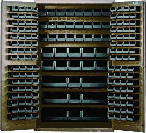 The Quantum Heavy-Duty 48 Bin Cabinet, measuring 48W x 24D x 78H, features a robust 14-gauge all-welded construction and a beige powder-coated finish. It includes black bins: 64 QUS210, 64 QUS220, 24 QUS230, 13 QUS240, and 6 QUS250 for an organized storage area.