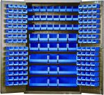 The Quantum Heavy-Duty 48 Bin Cabinet features open doors revealing organized blue bins: (64) QUS210, (64) QUS220, (24) QUS230, (13) QUS240, and (6) QUS250. Its robust all-welded 14-gauge construction and beige powder-coated finish store tools or small items neatly on shelves and doors.