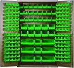 The Quantum Heavy-Duty 48 Bin Cabinet, measuring 48W x 24D x 78H, features open doors revealing a neat arrangement of green bins—(64) QUS210, (64) QUS220, (24) QUS230, (13) QUS240, and (6) QUS250—showcasing its sturdy 14-gauge all-welded construction with a beige powder-coated finish.
