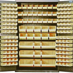 The Quantum Heavy-Duty 48 Bin Cabinet, with a 14-gauge all-welded construction and a beige powder-coated finish, includes an array of ivory bins: 64 QUS210s, 64 QUS220s, 24 QUS230s, 13 QUS240s, and 6 QUS250s; ideal for meticulous organization of small items.