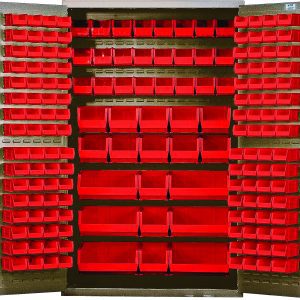 A Quantum Heavy-Duty 48 Bin Cabinet, sized at 48W x 24D x 78H, offers multiple shelves with red bins for organizing small parts. It includes (64) QUS220 and (24) QUS230 bins among others, which are neatly arranged in the cabinet with both door and main section attachment.