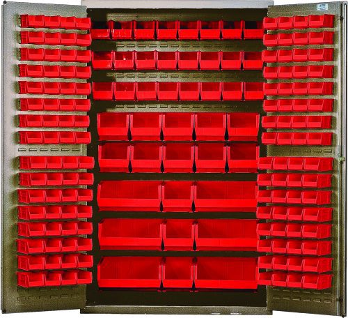 QSC-BG-48_RD.jpg A Quantum Heavy-Duty 48 Bin Cabinet, sized at 48W x 24D x 78H, offers multiple shelves with red bins for organizing small parts. It includes (64) QUS220 and (24) QUS230 bins among others, which are neatly arranged in the cabinet with both door and main section attachment.