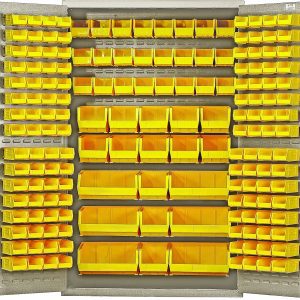 The Quantum Heavy-Duty 48 Bin Cabinet, featuring a 14-gauge all-welded construction, stands at 48W x 24D x 78H. It includes a beige powder-coated finish and an organized setup of (64) QUS210, (64) QUS220, (24) QUS230, (13) QUS240, and (6) QUS250 yellow bins for efficient small parts storage.