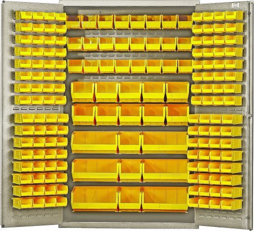 The Quantum Heavy-Duty 48 Bin Cabinet, featuring a 14-gauge all-welded construction, stands at 48W x 24D x 78H. It includes a beige powder-coated finish and an organized setup of (64) QUS210, (64) QUS220, (24) QUS230, (13) QUS240, and (6) QUS250 yellow bins for efficient small parts storage.