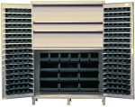 The Quantum Heavy-Duty 60 Bin Cabinet, measuring 60W x 24D x 84H, features a robust all-welded construction with three adjustable shelves. It holds (80) QUS210, (90) QUS220, (6) QUS240, and (9) QUS250 black bins for storage. The beige powder-coated cabinet is set against a plain backdrop.