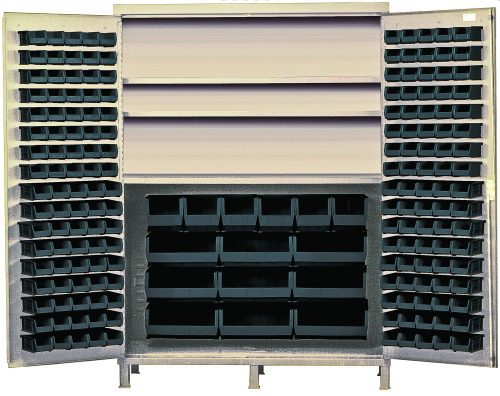 QSC-BG-60S_BK.jpg The Quantum Heavy-Duty 60 Bin Cabinet, measuring 60W x 24D x 84H, features a robust all-welded construction with three adjustable shelves. It holds (80) QUS210, (90) QUS220, (6) QUS240, and (9) QUS250 black bins for storage. The beige powder-coated cabinet is set against a plain backdrop.