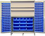 The Quantum Heavy-Duty 60 Bin Cabinet, measuring 60W x 24D x 84H, offers versatile storage with a 500 lb. capacity per shelf. It features a durable, all-welded construction and includes 3 adjustable shelves and numerous blue bins for optimal organization. Finished in beige powder-coating.